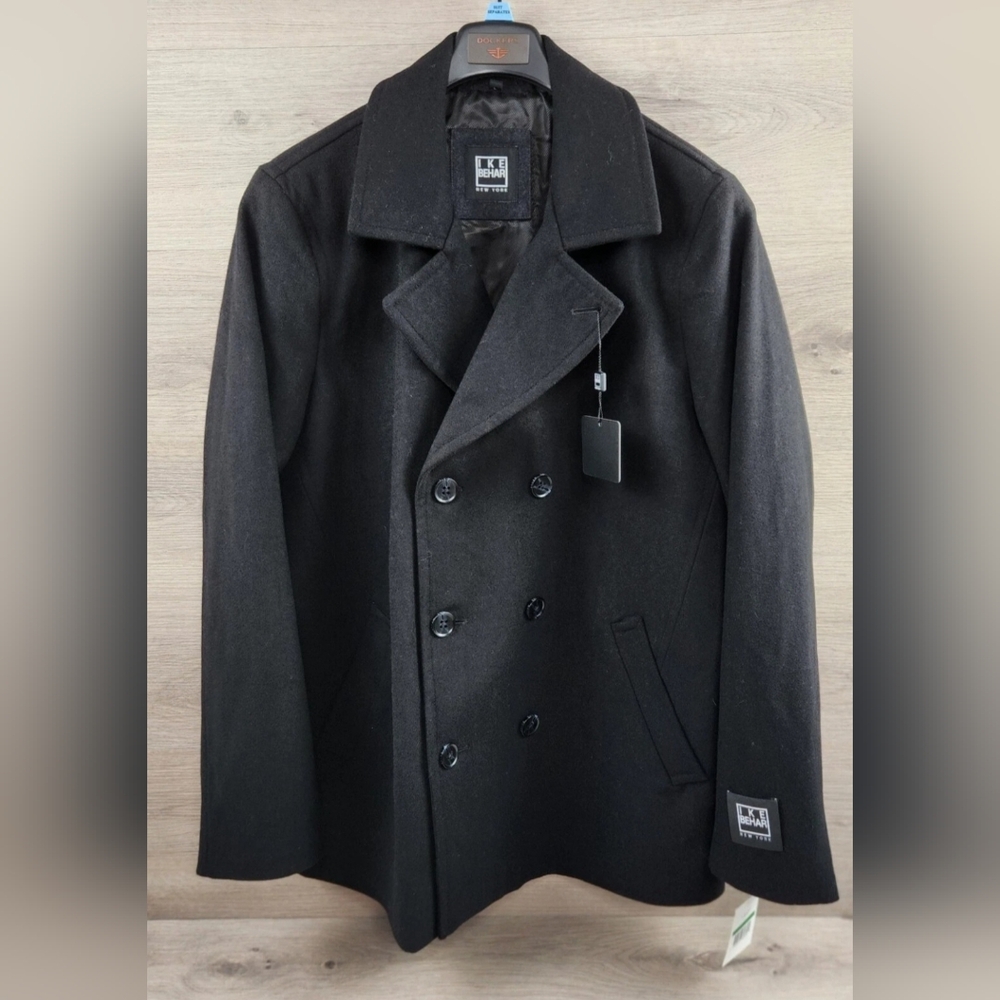 Ike Behar Peacoat Mens Large Black Wool New